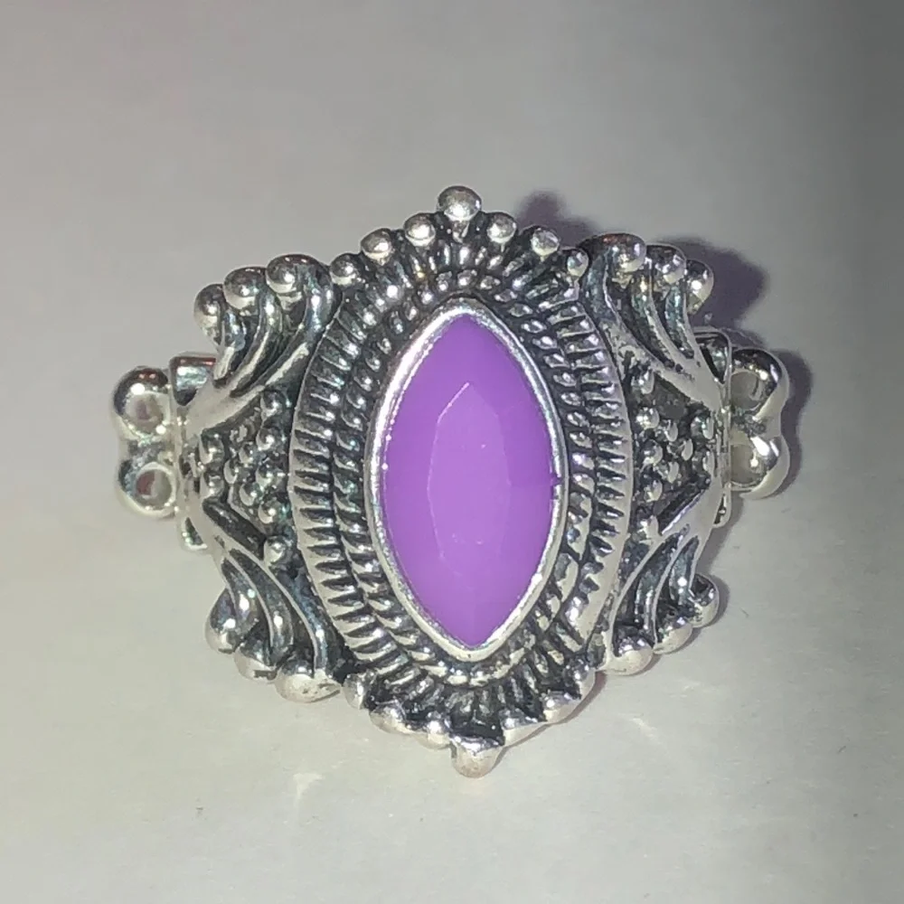 Silver Tone Filigree Ring with Purple Stone